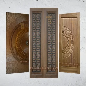 Carved wooden door with intricate patterns and classic design, showcasing fine craftsmanship and high-quality materials.