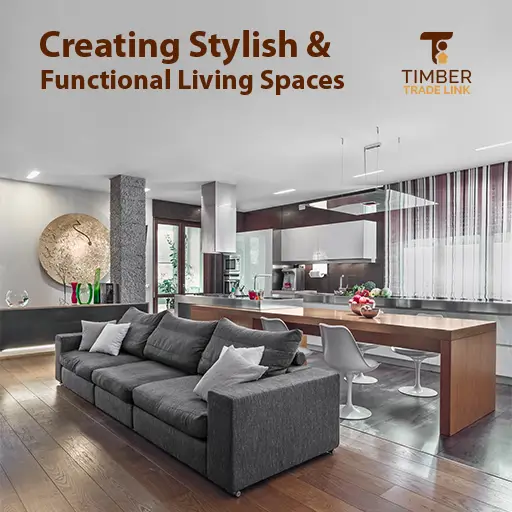 Modern open-concept living room with gray sectional sofa, integrated kitchen, and Timber Tradelink branding